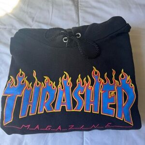 Thrasher Black Hoodie with Blue and Yellow Flame Design